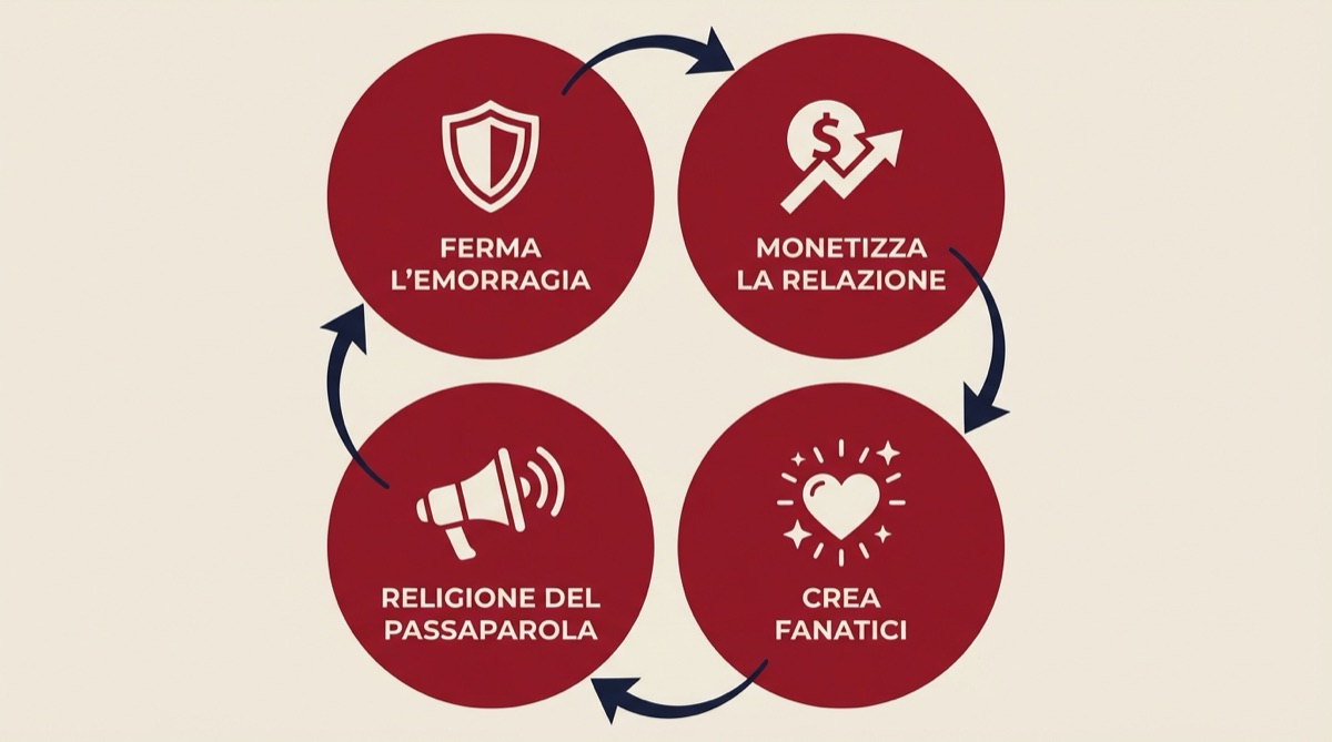 Le 4 Lenti del Cliente Fanatico: Ferma l'Emorragia, Monetizza, Crea Fanatici, Passaparola